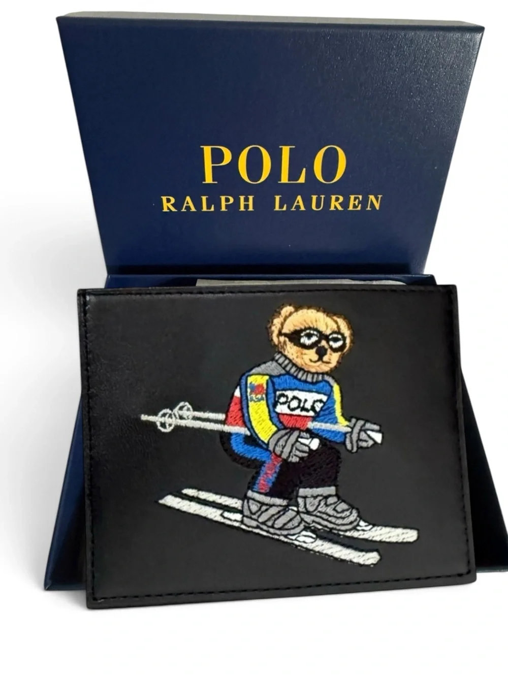 Polo Ralph Lauren Black Leather Ski Bear Card Holder Embroidered NWT Gift Box